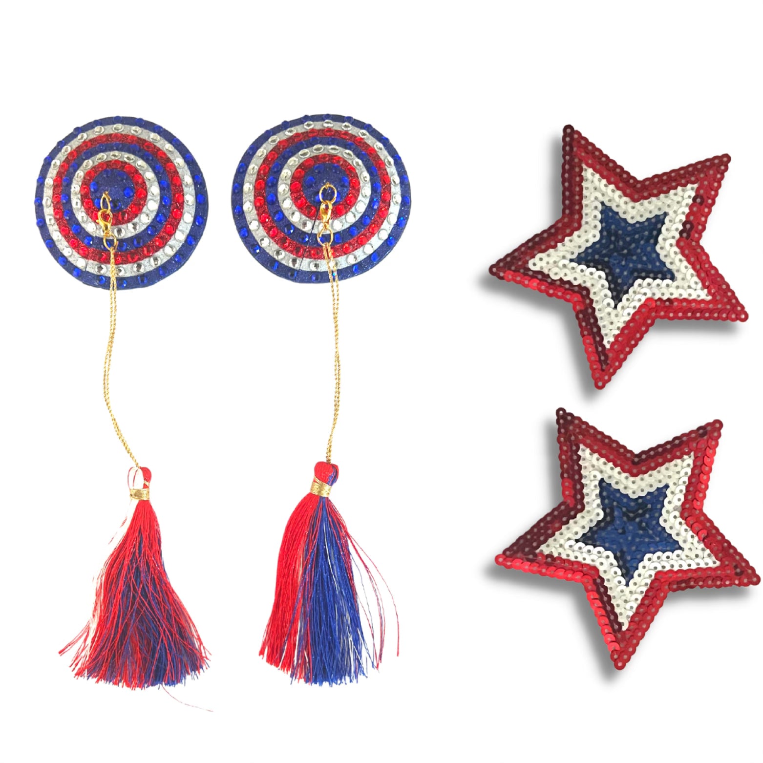 Paquete Miss Americana (4 piezas) Pasta para pezones roja, blanca y azul para festivales burlescos, lencería y más - OFERTA