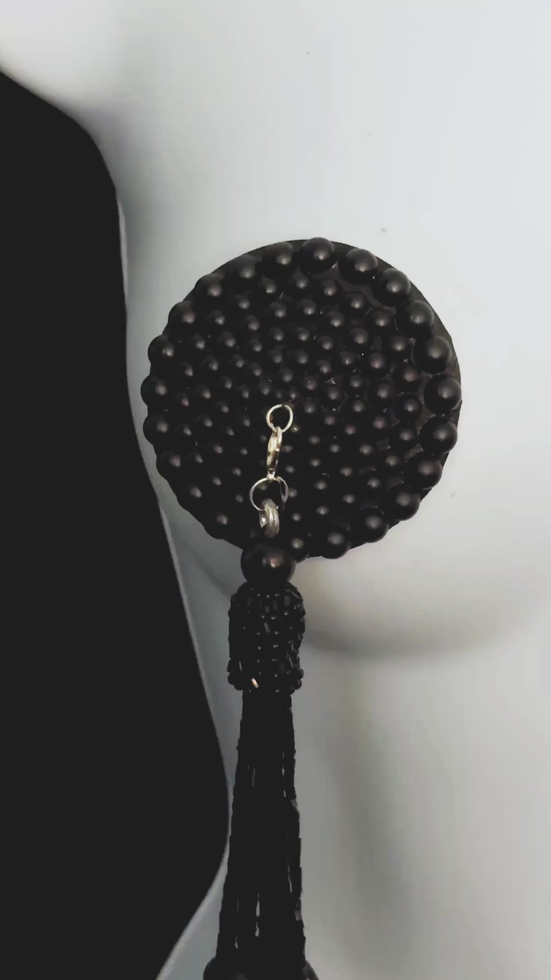 GRAND DAME Matte Black Pearl Pasties Nipple Pasty with Removable Beaded Tassels (2pcs) Appeeling