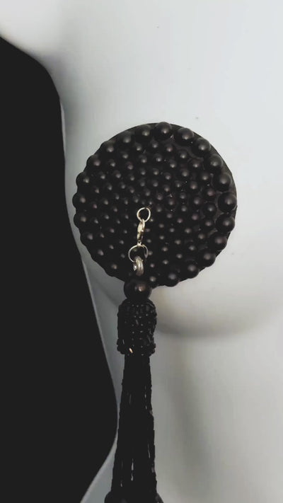 GRAND DAME Matte Black Pearl Pasties Nipple Pasty with Removable Beaded Tassels (2pcs) Appeeling