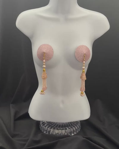 CHAMPAGNE KISS Gold Or Rose Gold Foil Nipple Pasties, Covers (2pcs) with Hand Beaded Gem Tassels (2pcs) Burlesque Lingerie Raves and Festivals Tassels Appeeling