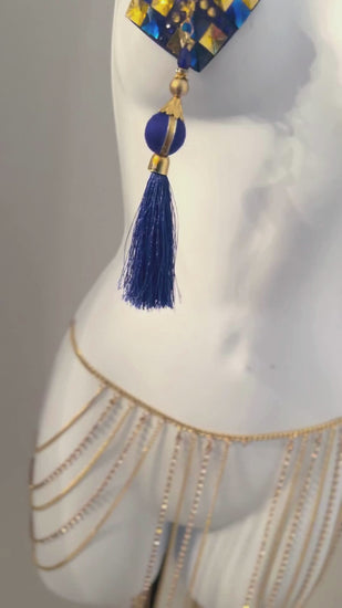 SALDA Blue Pasties Tassel Pasties Rhinestone Nipple Jewelry Blue