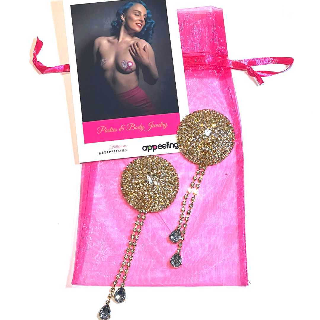 MEMPHIS STARR Cercle doré et strass avec pompons strass Nipple Pasty, Cover (2pcs) Burlesque Tassel Lingerie Raves et Festivals
