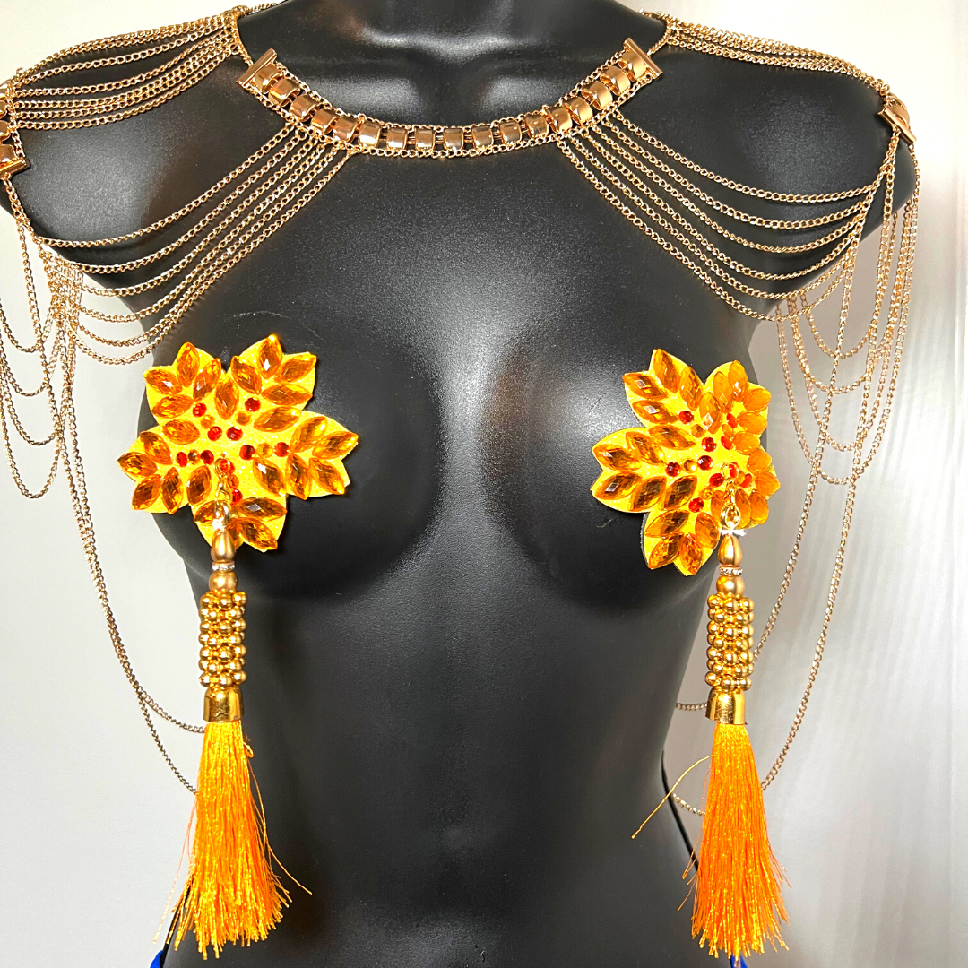 GOLDIE SWAN Yellow Flower Nipple Pasty, Nipple Cover (2pcs) with Yellow, Gold Beaded Tassels for Lingerie Carnival Burlesque Rave