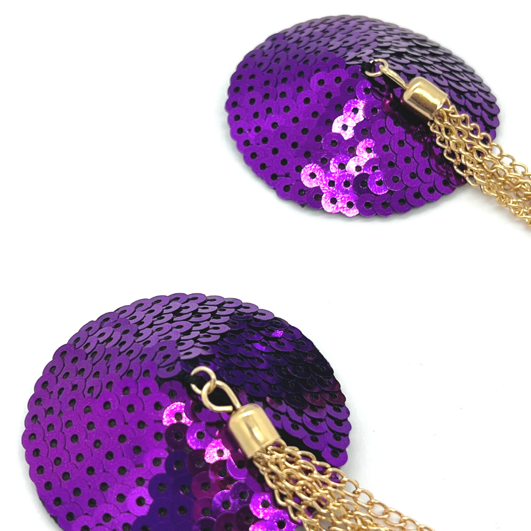 Agréable ATHENA Paillettes violettes avec glands dorés Nipple Pasty, Couverture pour les festivals de lingerie Carnaval Burlesque Rave