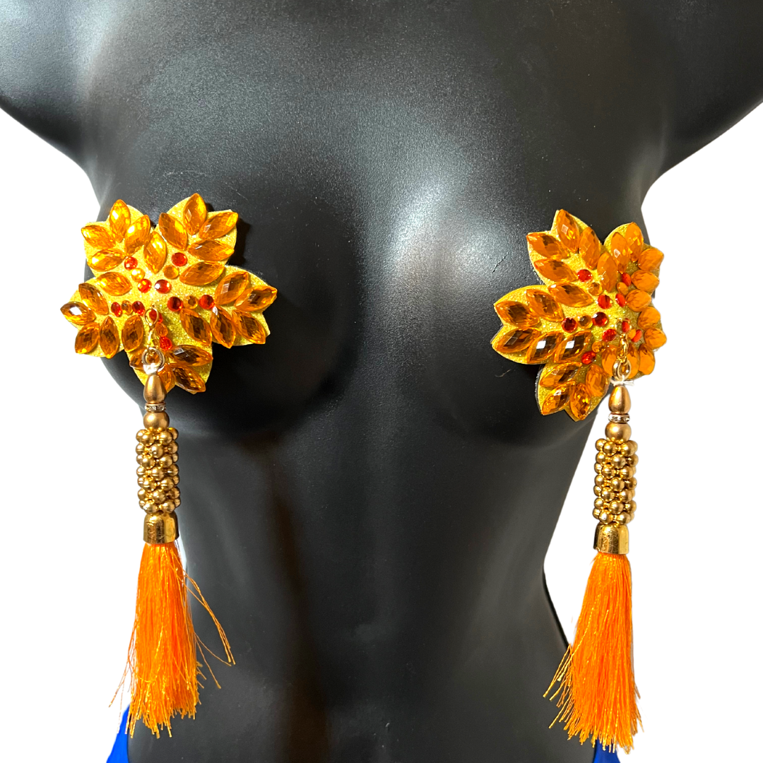 GOLDIE SWAN Yellow Flower Nipple Pasty, Nipple Cover (2pcs) with Yellow, Gold Beaded Tassels for Lingerie Carnival Burlesque Rave