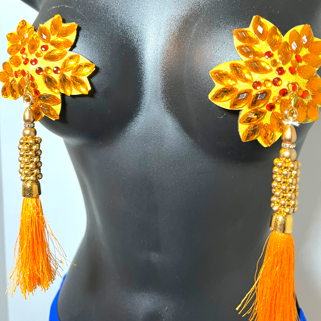 GOLDIE SWAN Yellow Flower Nipple Pasty, Nipple Cover (2pcs) with Yellow, Gold Beaded Tassels for Lingerie Carnival Burlesque Rave
