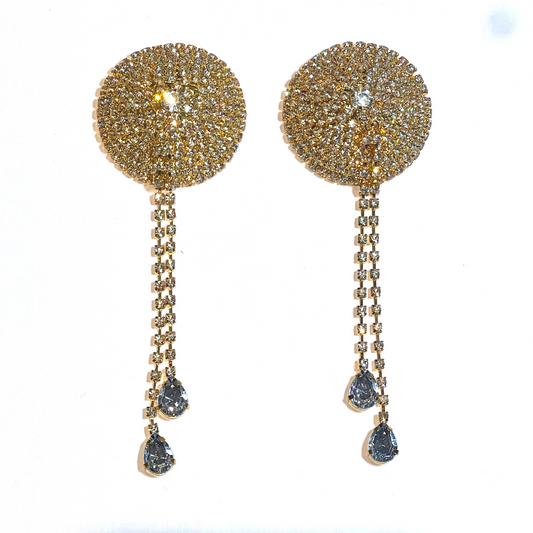 MEMPHIS STARR Círculo de oro y diamantes de imitación con borlas de diamantes de imitación Pasty de pezón, cubierta (2 piezas) Lencería de borla burlesca Raves y festivales