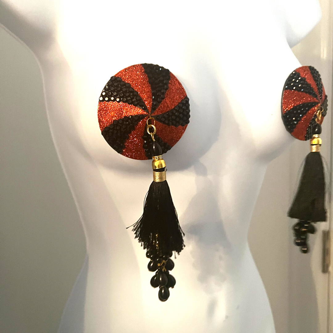 RAVEN Black & Orange Intricate Nipple Pasties, Covers with Hand Beaded Tassels (2pcs) for Burlesque Raves Lingerie Raves and Festivals
