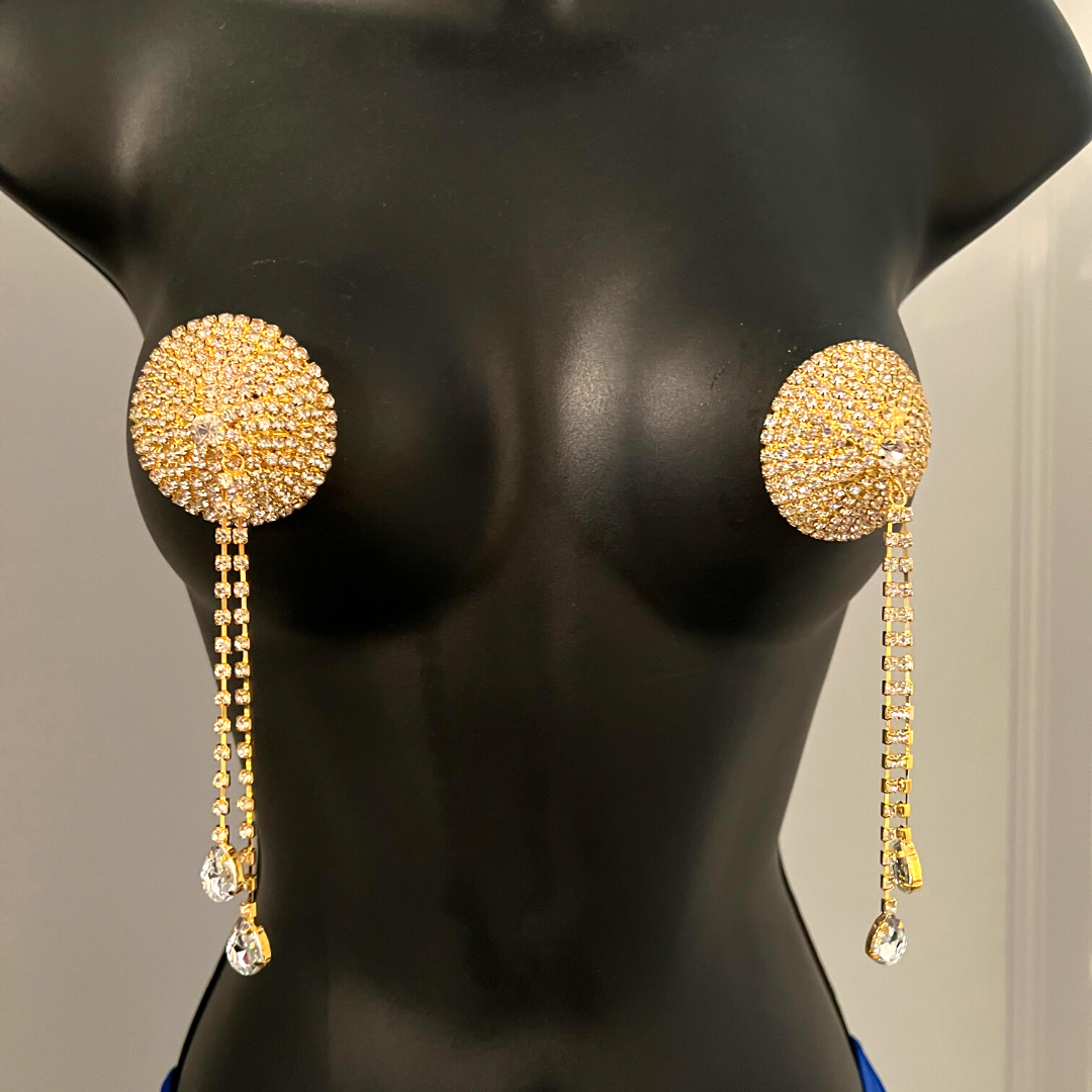 MEMPHIS STARR Gold and Rhinestone Circle with Rhinestone Tassels Nipple Pasty, Cover (2pcs) Burlesque Tassel Lingerie Raves and Festivals