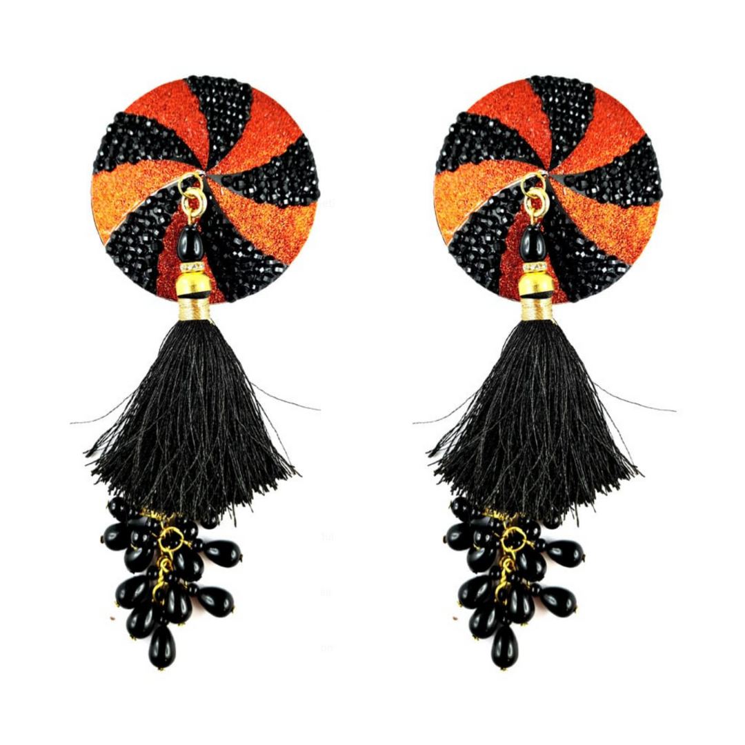 RAVEN Pasties de pezones intrincados negros y naranjas, cubiertas con borlas con cuentas a mano (2 piezas) para raves y festivales de lencería burlesca