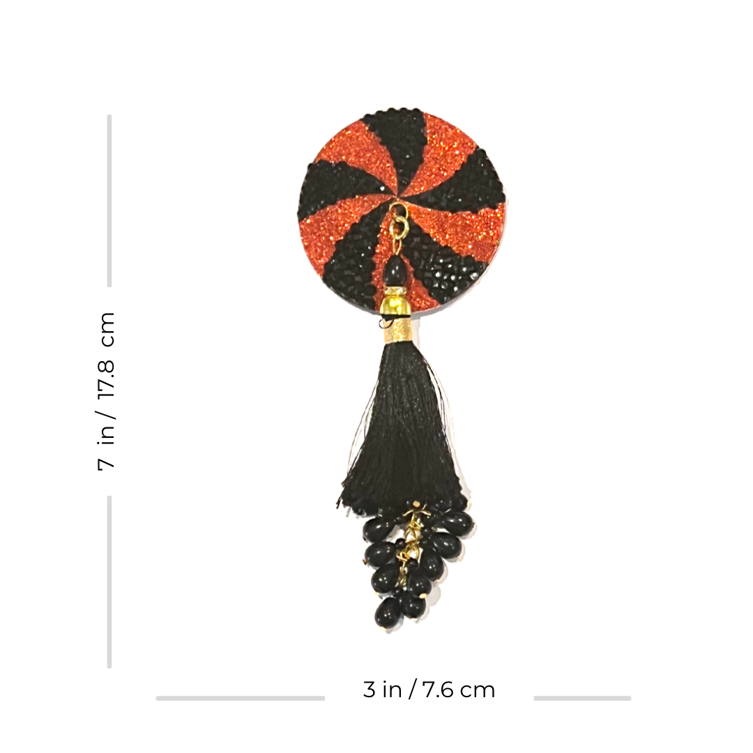 RAVEN Pasties de pezones intrincados negros y naranjas, cubiertas con borlas con cuentas a mano (2 piezas) para raves y festivales de lencería burlesca