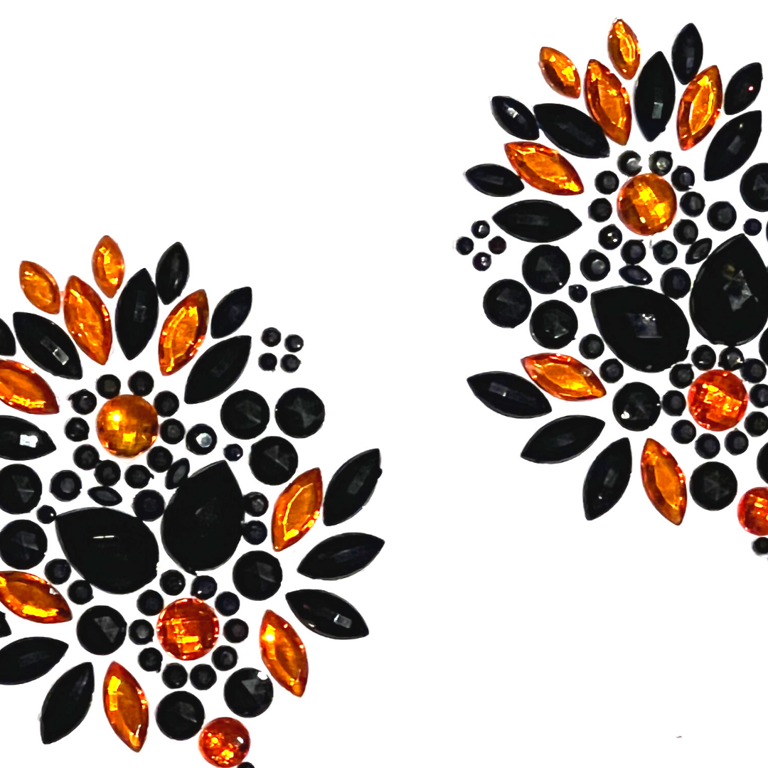 SABRINA Pastas para pezones intrincadas con gemas negras y naranjas, cubiertas (2 piezas) para raves y festivales de lencería burlesca