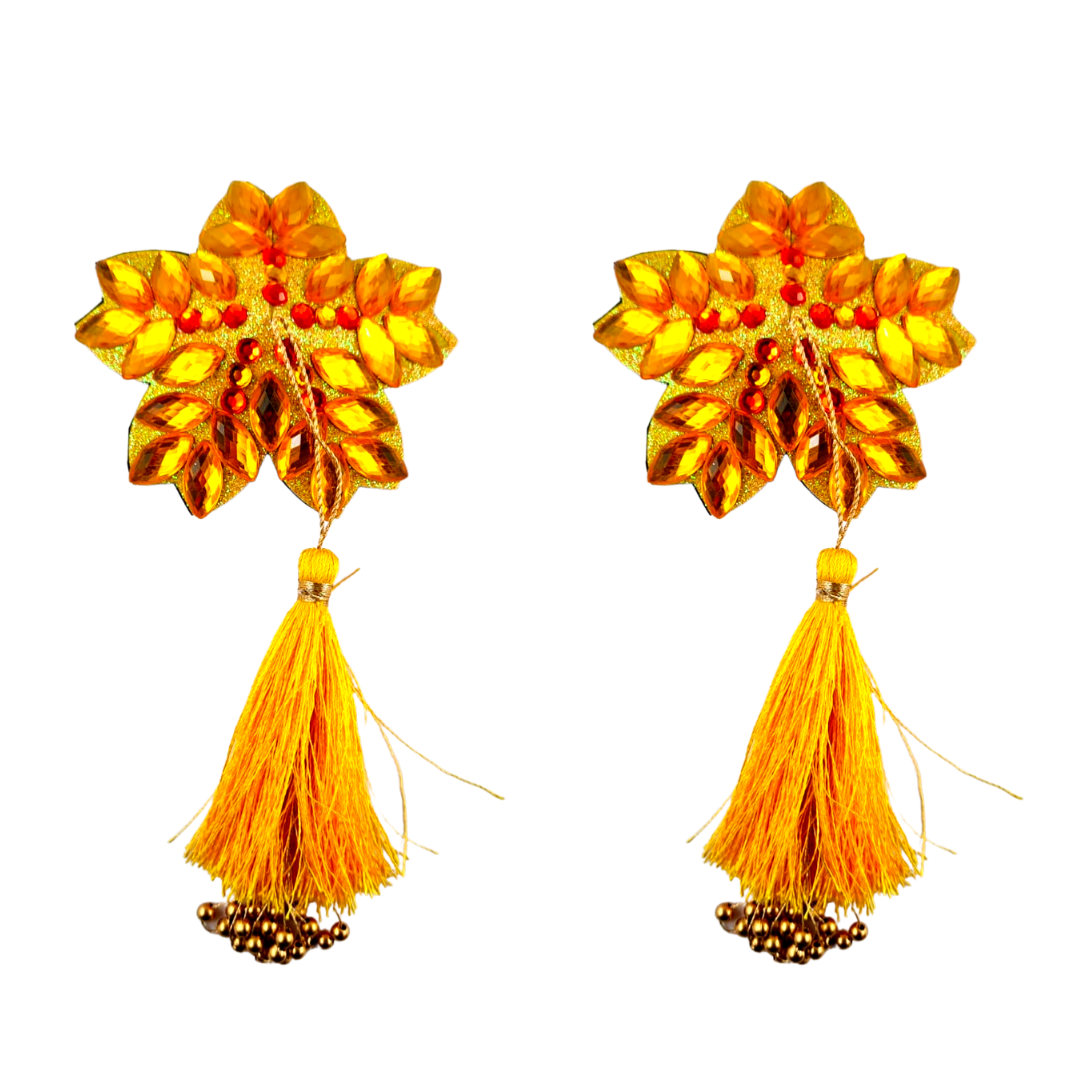 MARY GOLD Pasty de pezón de flor amarilla, cubierta de pezón (2 piezas) con borlas de cuentas amarillas y doradas para lencería Carnaval Burlesque Rave