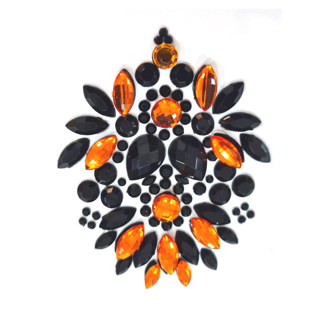 SABRINA Black &amp; Orange Gem Complex Nipple Pasties, Covers (2pcs) pour les raves et festivals de lingerie burlesque