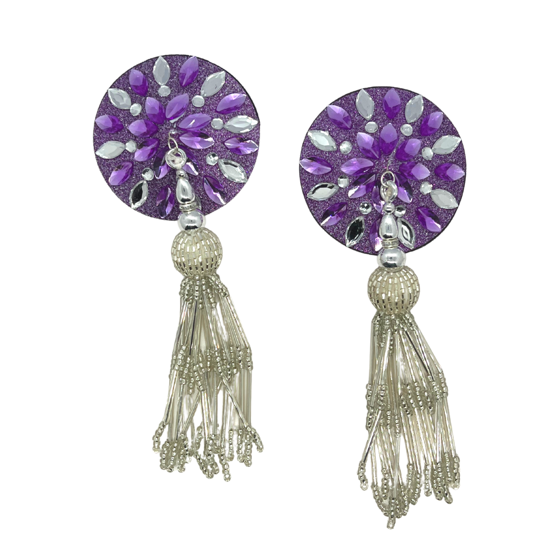 APHRODITE Purple Glitter & Gem Nipple Pasties, Covers With Beaded Tassels for Lingerie Burlesque Rave or Carnival