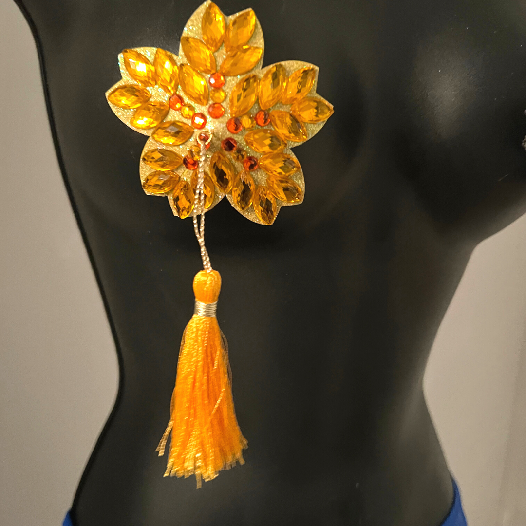MARY GOLD Yellow Flower Nipple Pasty, Nipple Cover (2pcs) avec glands perlés jaunes et dorés pour lingerie Carnival Burlesque Rave