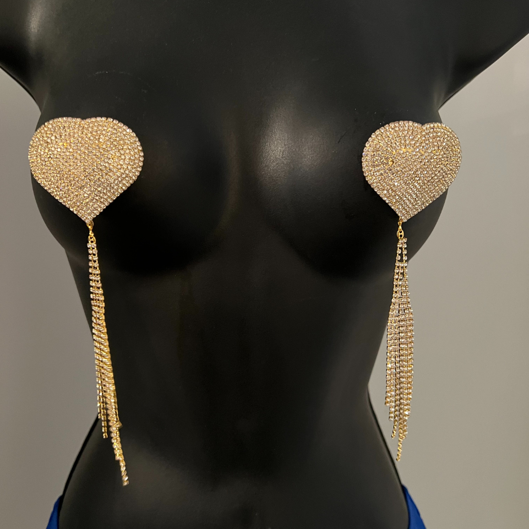 ROXY ROYALE  Gold and Rhinestone Heart with Rhinestone Tassels Nipple Pasty, Cover (2pcs) Burlesque Tassel Lingerie Raves and Festivals