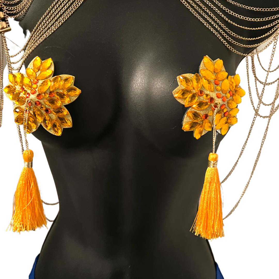MARY GOLD Yellow Flower Nipple Pasty, Nipple Cover (2pcs) with Yellow and Gold Beaded Tassels for Lingerie Carnival Burlesque Rave