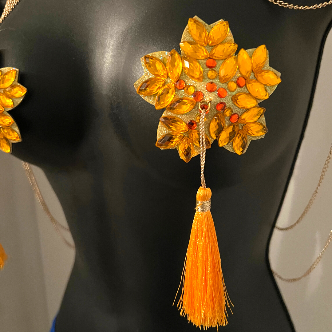 MARY GOLD Pasty de pezón de flor amarilla, cubierta de pezón (2 piezas) con borlas de cuentas amarillas y doradas para lencería Carnaval Burlesque Rave