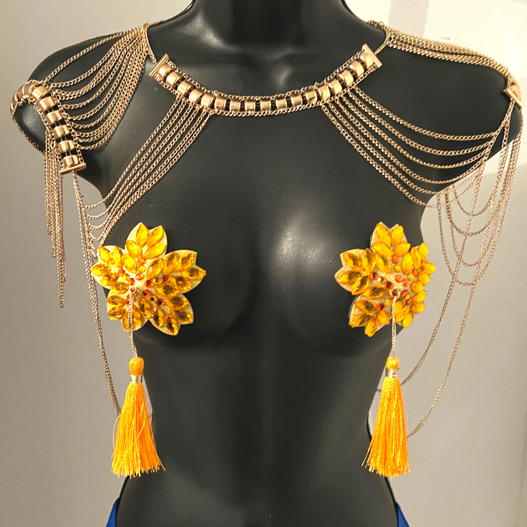 MARY GOLD Yellow Flower Nipple Pasty, Nipple Cover (2pcs) with Yellow and Gold Beaded Tassels for Lingerie Carnival Burlesque Rave