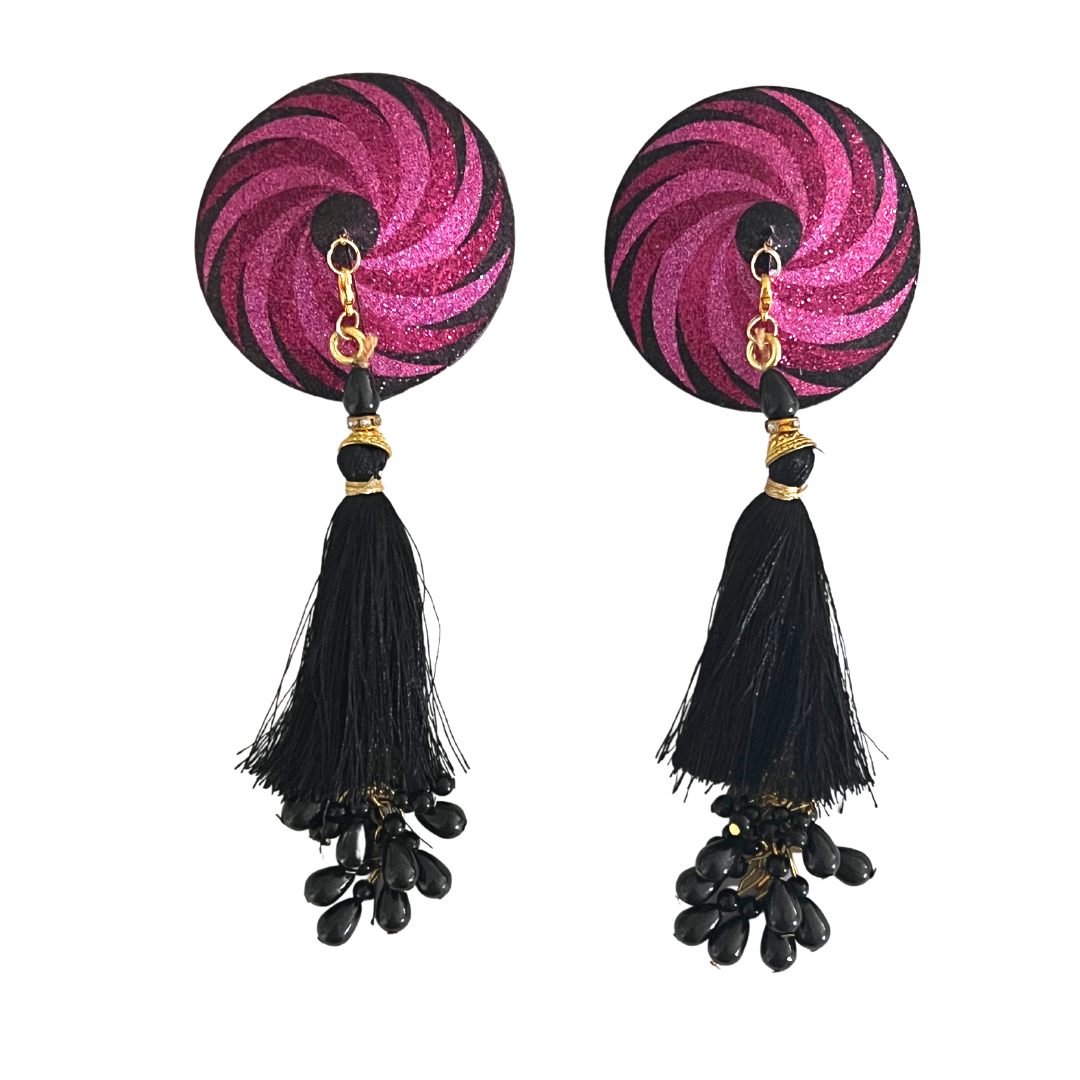 CANDY BARR Cache-tétons rose vif et noir, cache-tétons avec pompons perlés à la main (2 pièces) Lingerie Burlesque Raves et festivals