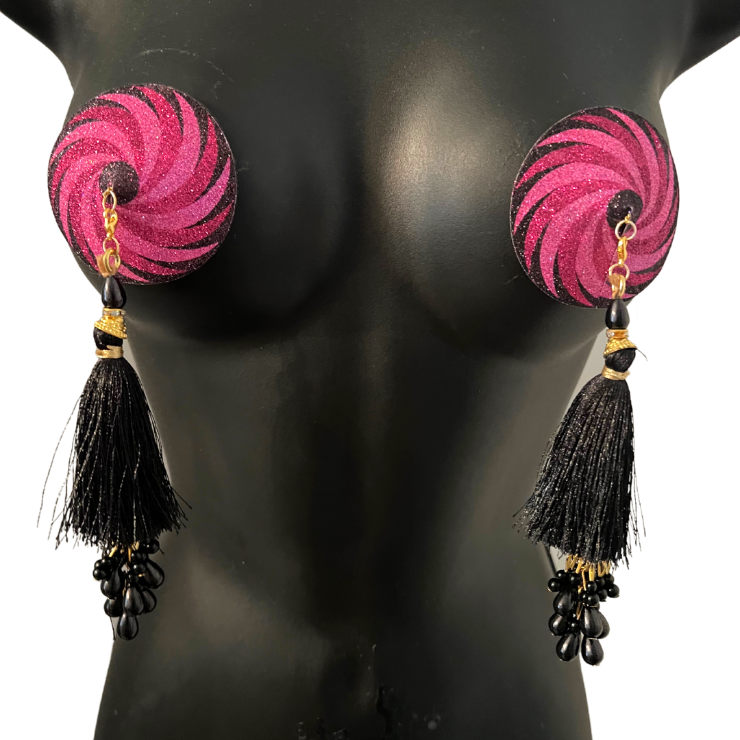 CANDY BARR Cache-tétons rose vif et noir, cache-tétons avec pompons perlés à la main (2 pièces) Lingerie Burlesque Raves et festivals