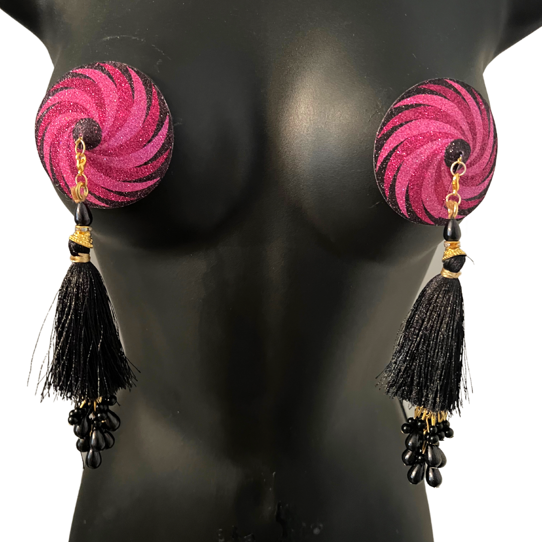 CANDY BARR Hot Pink & Black Nipple Pasties, Covers with Hand Beaded Tassels (2pcs) Burlesque Lingerie Raves and Festivals