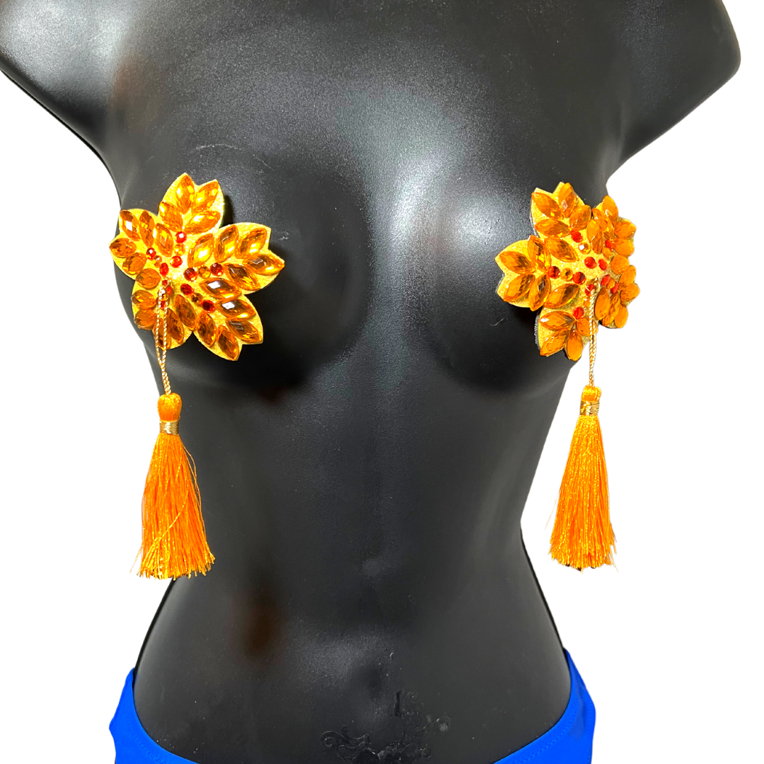 StyleWanderlustUSA Yellow & Gold Beaded Pasties with Metallic Tassels / Burlesque Nipple Covers #30308
