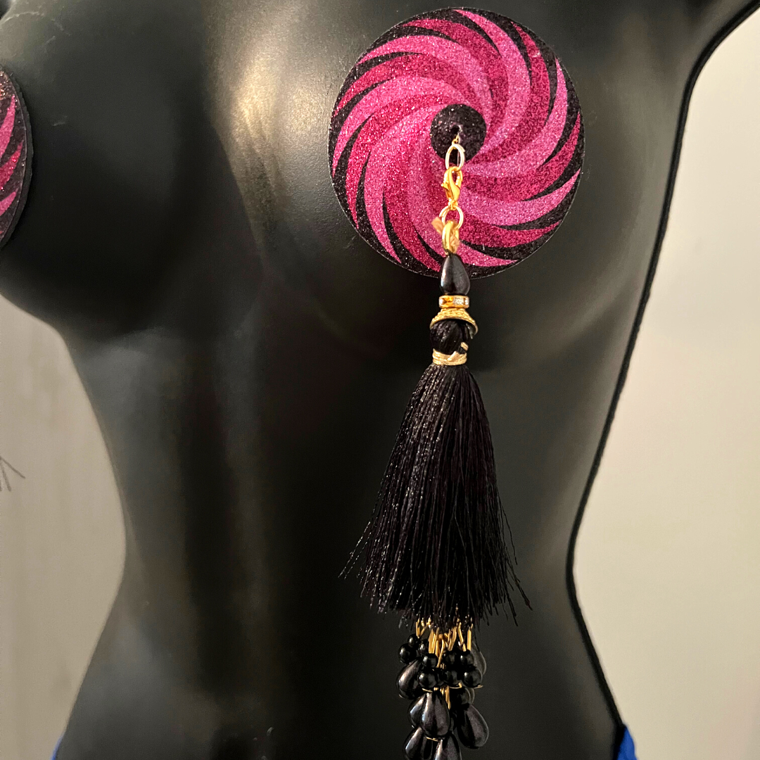 CANDY BARR Hot Pink & Black Nipple Pasties, Covers with Hand Beaded Tassels (2pcs) Burlesque Lingerie Raves and Festivals