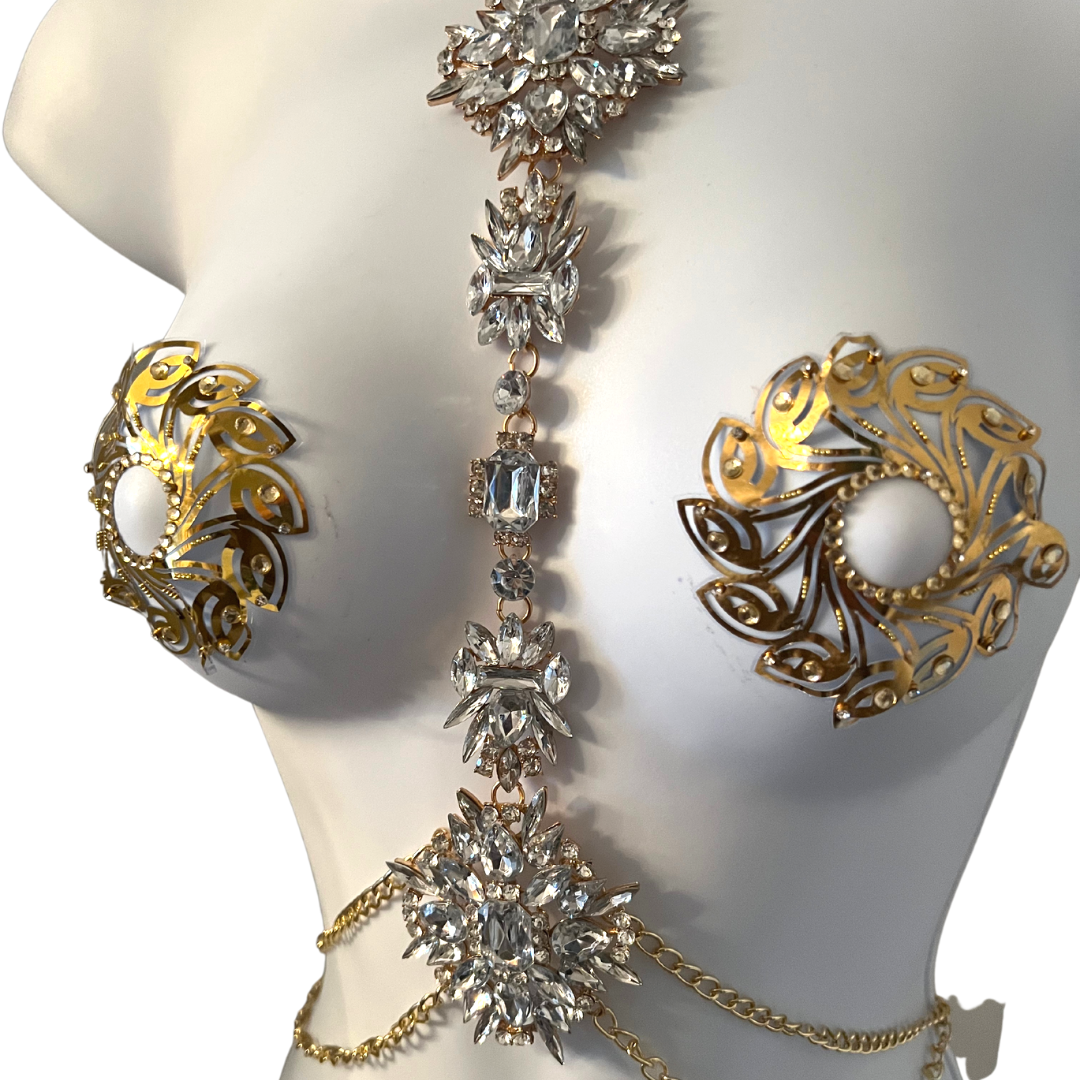 QUEEN BEE Intrincadas cadenas corporales de cristal y oro / Joyería corporal para festivales de lencería Rave Burlesque