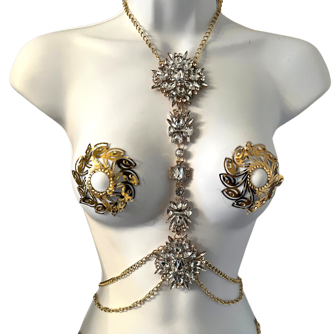 QUEEN BEE Intricate Crystal and Gold Body Chains / Body Jewelry for Lingerie Rave Burlesque Festivals