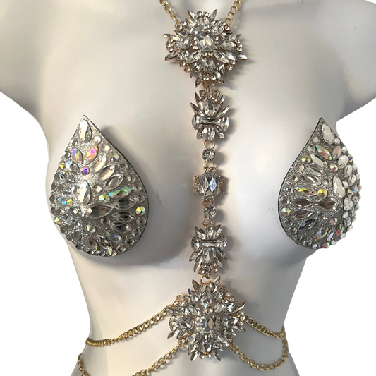 QUEEN BEE Intrincadas cadenas corporales de cristal y oro / Joyería corporal para festivales de lencería Rave Burlesque