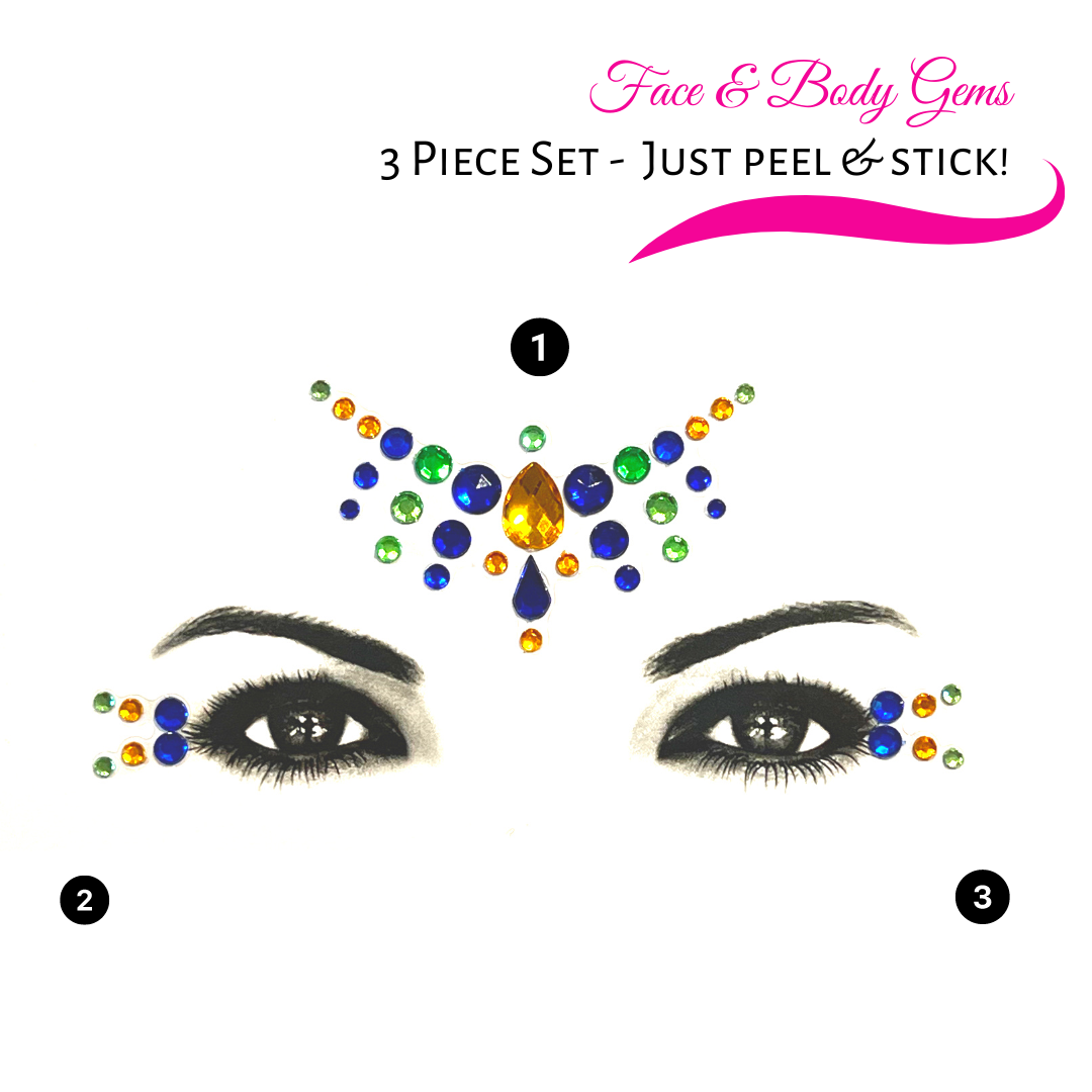 Raindrop Design (Blue, Green & Yellow) Face and Body Gems - Self Stick and Easy to Wear