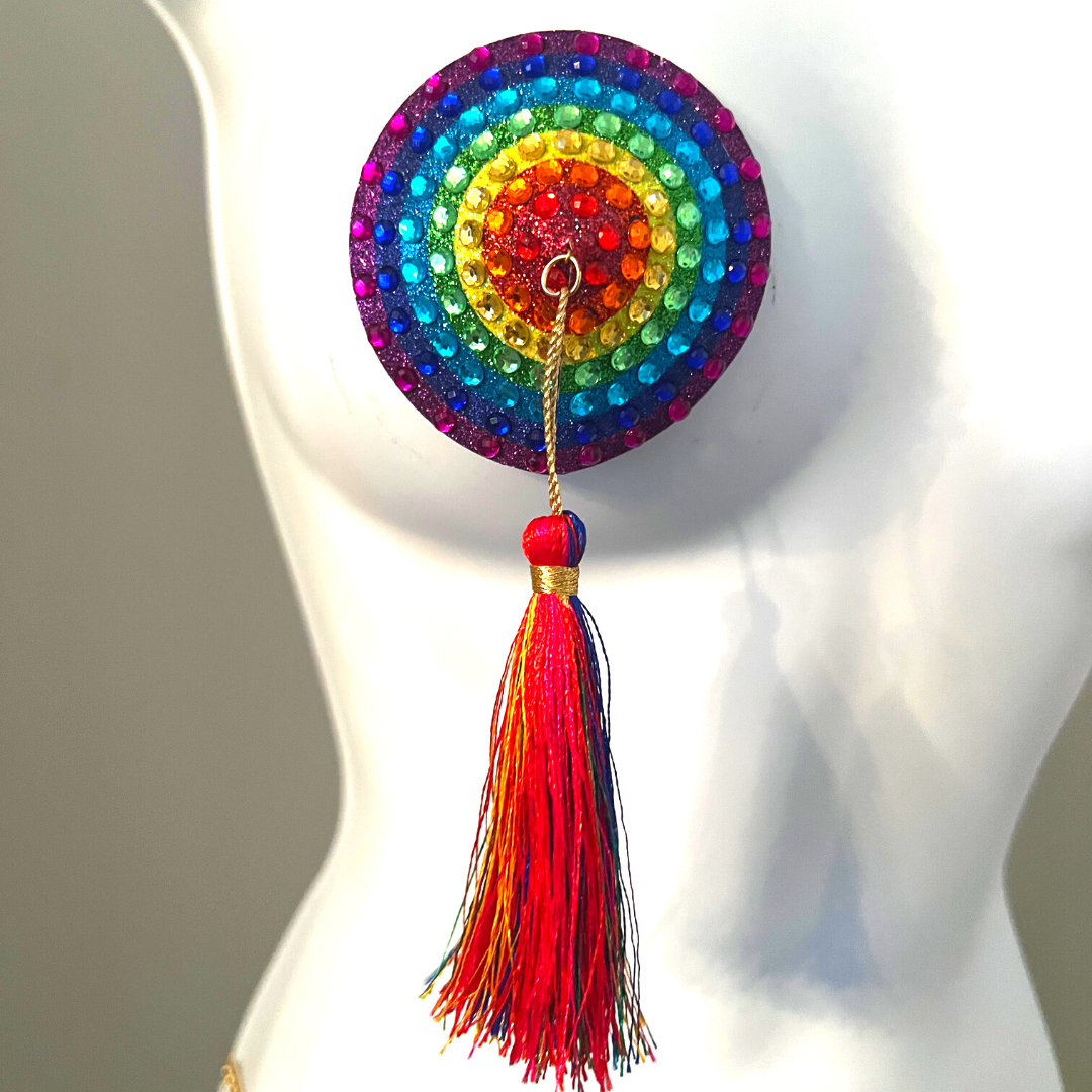 PRISCILLA Rainbow Pride Nipple Pasty, Nipple Cover (2pcs) with Multicolour Tassels for Lingerie Pride Carnival Burlesque Rave