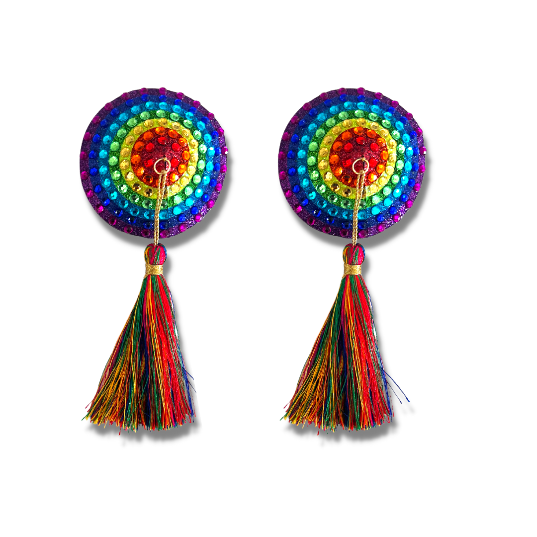 PRISCILLA Rainbow Pride Nipple Pasty, Couvre-tétons (2pcs) avec pompons multicolores pour Lingerie Pride Carnival Burlesque Rave