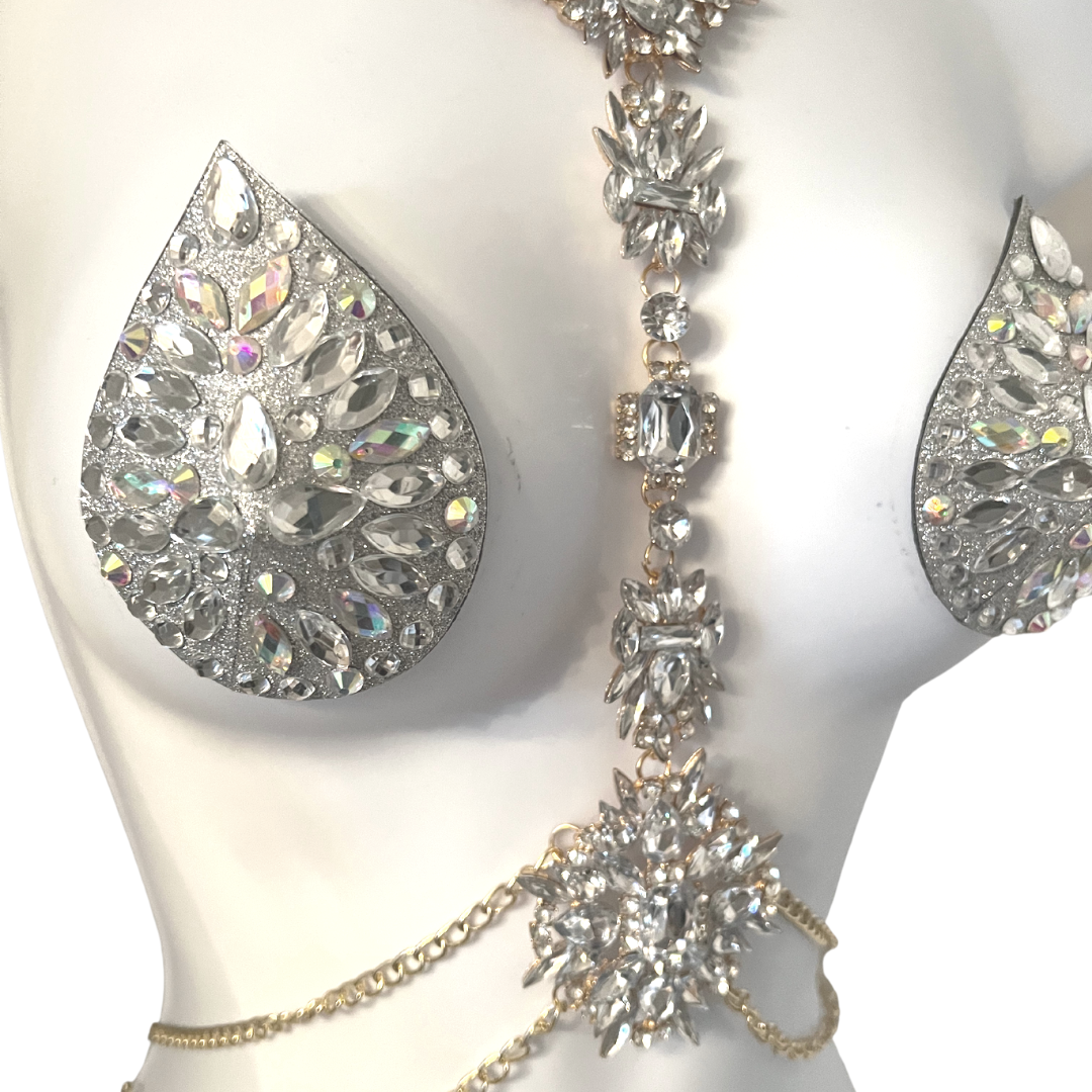 QUEEN BEE Intricate Crystal and Gold Body Chains / Body Jewelry for Lingerie Rave Burlesque Festivals