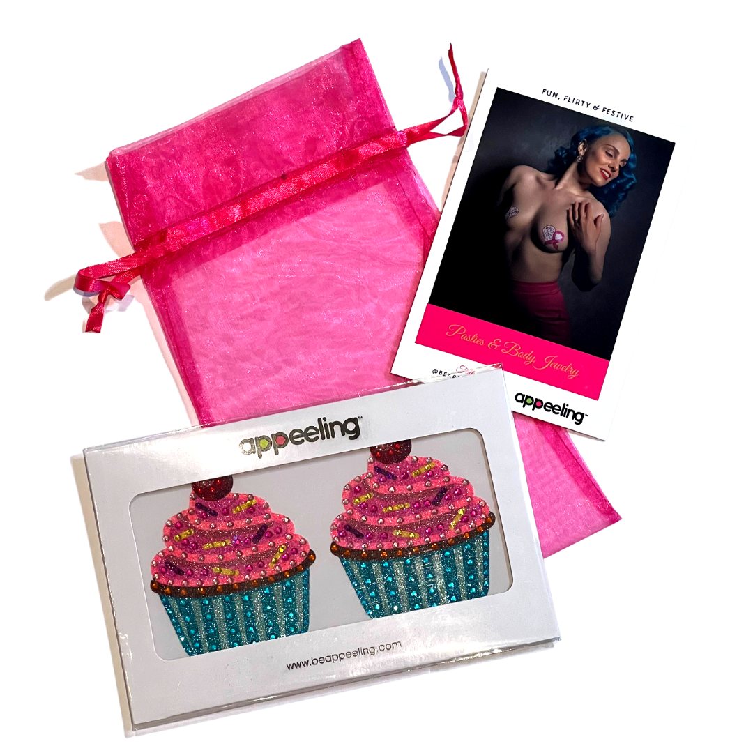 BIRTHDAY BABE Cupcake Glitter &amp; Gem Pasty para pezones, cubierta para pezones (2 piezas) para festivales de lencería, carnaval, burlesque, rave, cumpleaños