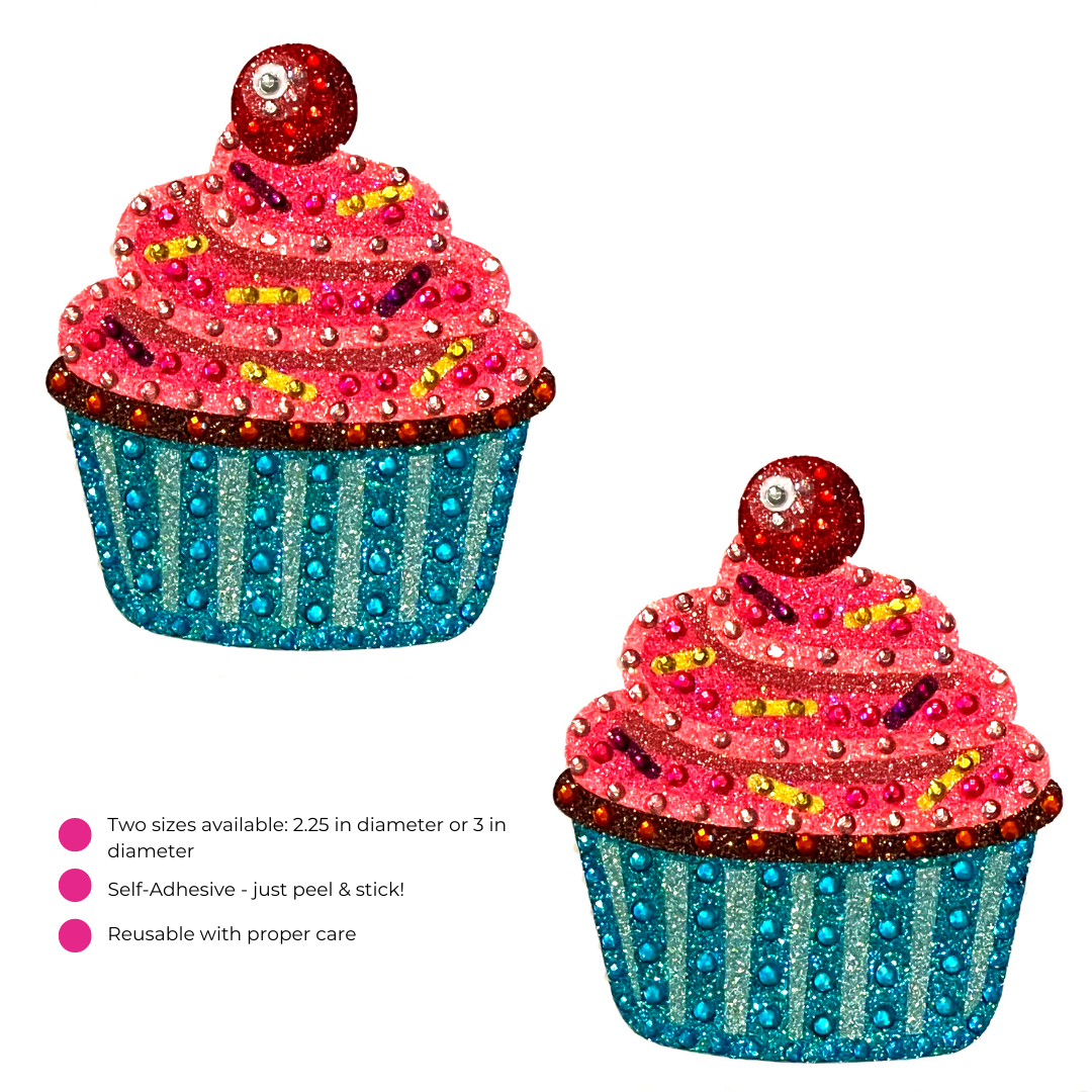BIRTHDAY BABE Cupcake Glitter &amp; Gem Pasty para pezones, cubierta para pezones (2 piezas) para festivales de lencería, carnaval, burlesque, rave, cumpleaños