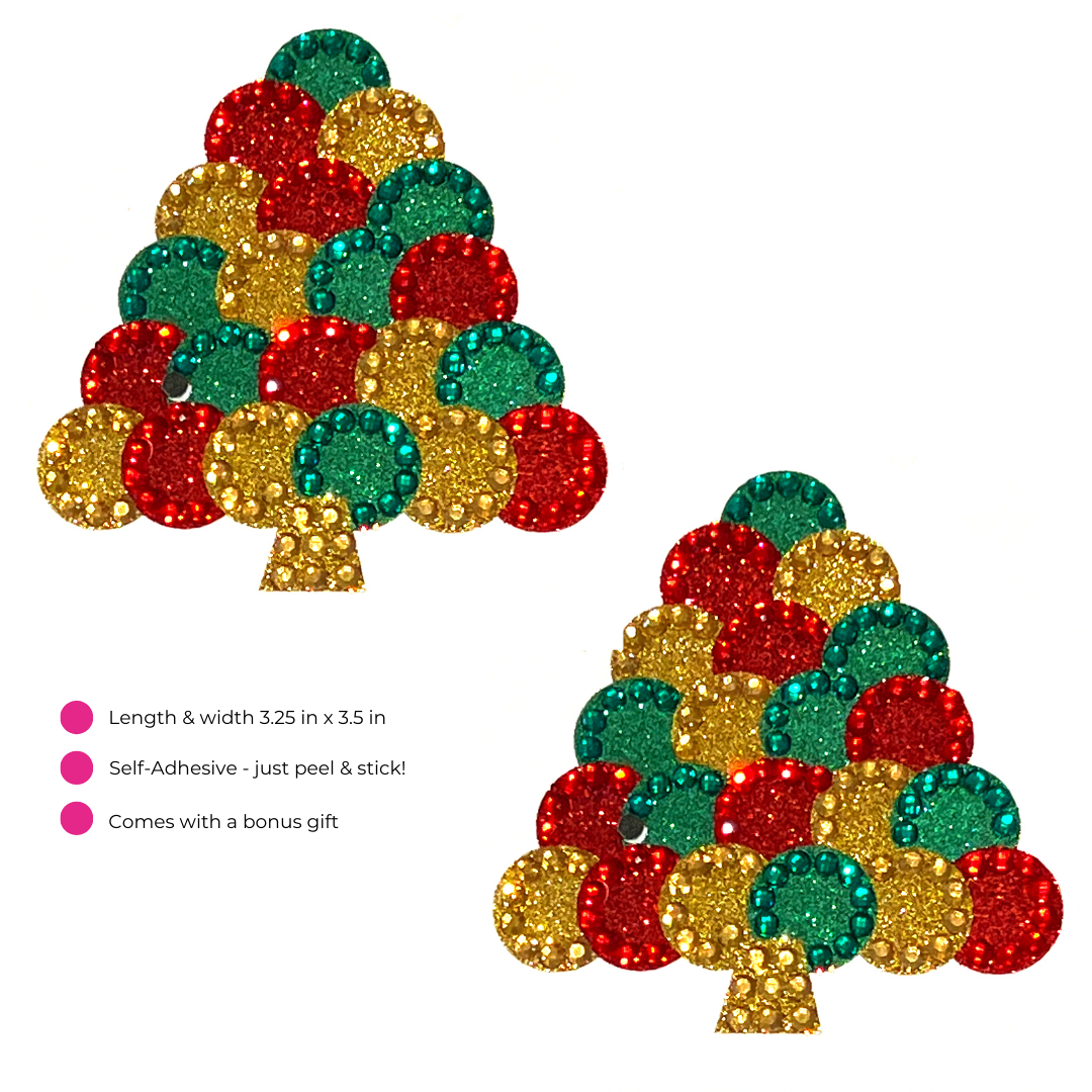 ROCKAFELLA Christmas Tree Glitter &amp; Gem Pasty para pezones, cubrepezones (2 piezas) para festivales de lencería, carnaval, burlesque, rave