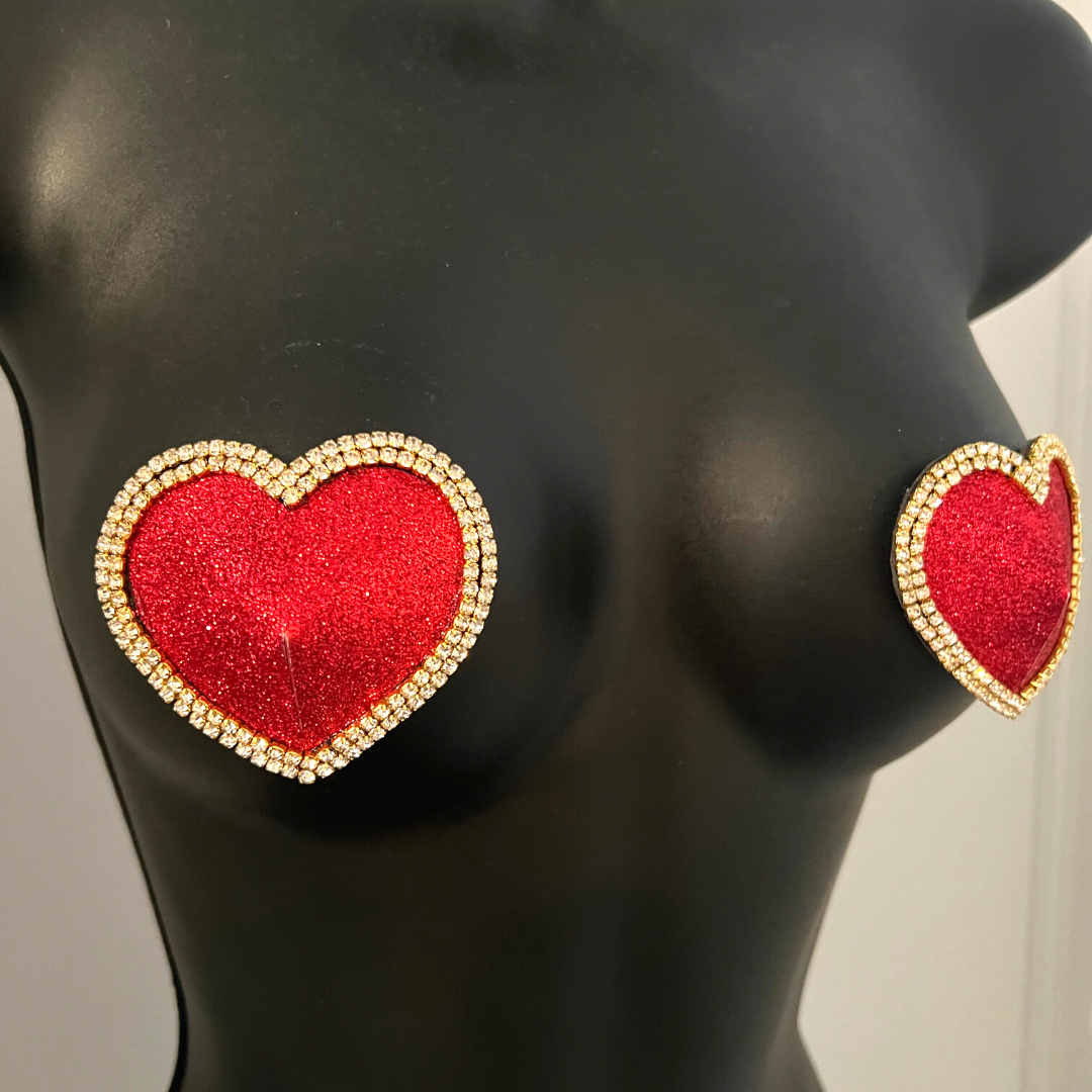 MON CHERIE Red, Pink, Green or Blue Glitter Heart and Rhinestone Nipple Pasty, Covers (2pcs) for Burlesque Lingerie Raves and Festivals