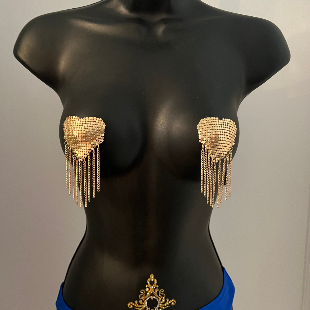 LOVE REIGNS Gold Mesh Nipple Pasties with Gold Chain Tassels 2pcs, Covers for Festivals, Carnival Raves Burlesque Lingerie