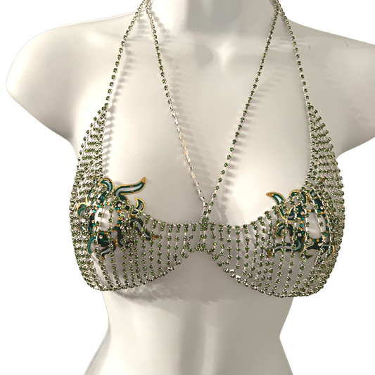 MINT JULEP Cadenas corporales de plata esmeralda y pedrería / sujetador de cadena para festivales de lencería Rave Burlesque