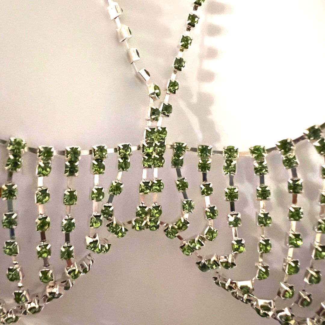 MINT JULEP Emerald and Rhinestones Silver Body Chains / Chain Bra for Lingerie Rave Burlesque Festivals
