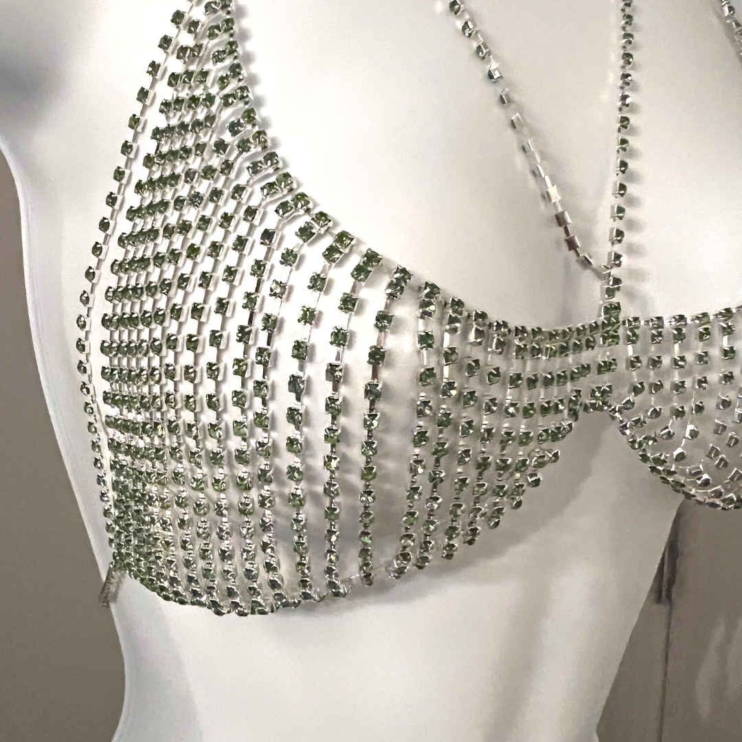 MINT JULEP Emerald and Rhinestones Silver Body Chains / Chain Bra for