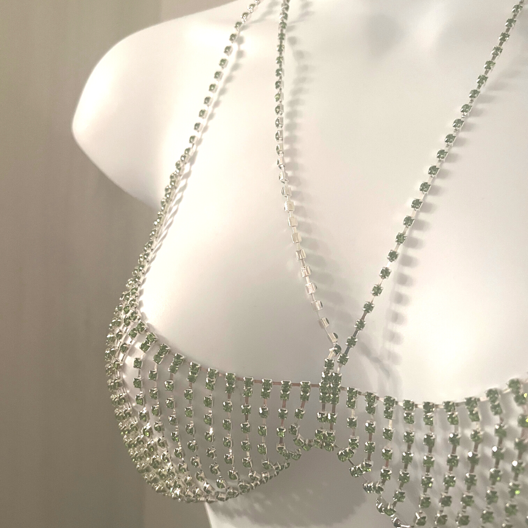 MINT JULEP Emerald and Rhinestones Silver Body Chains / Chain Bra for Lingerie Rave Burlesque Festivals
