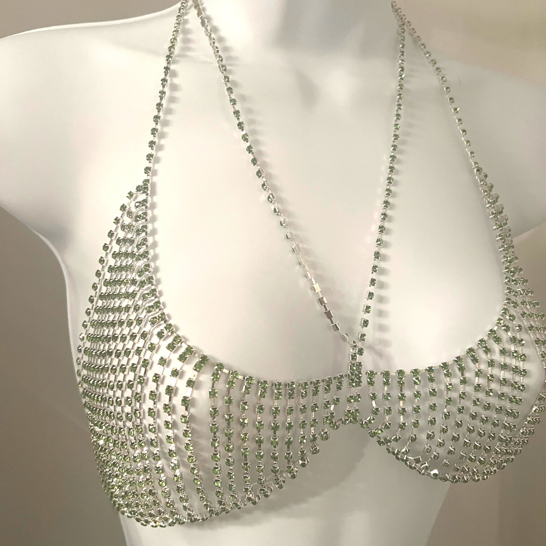 MINT JULEP Emerald and Rhinestones Silver Body Chains Chain Bra for Appeeling