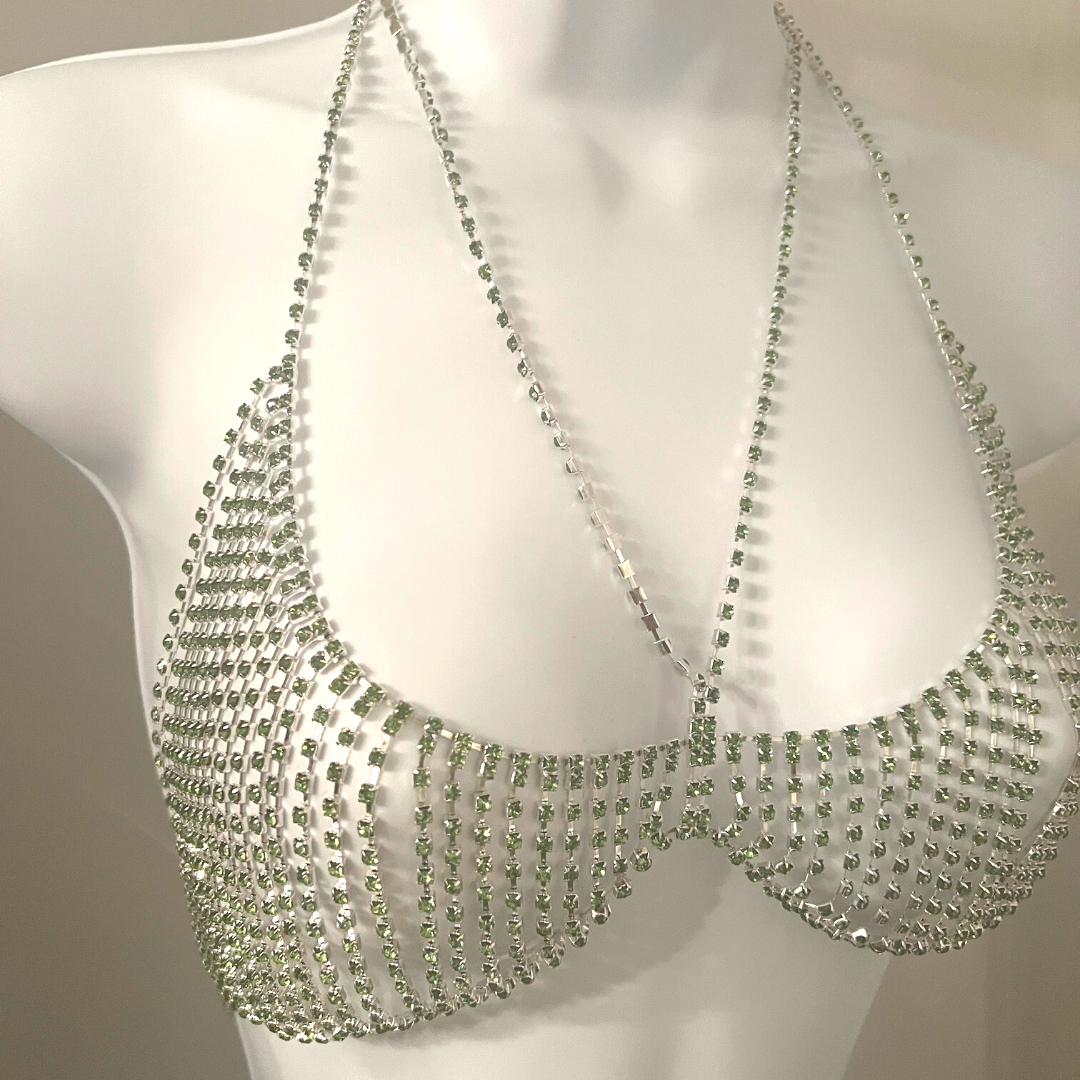 MINT JULEP Emerald and Rhinestones Silver Body Chains / Chain Bra for –  Appeeling
