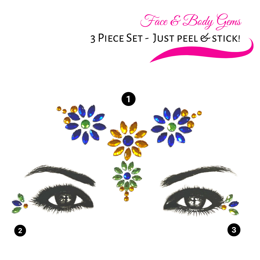 Floral (Blue, Green & Yellow ) Flower Face and Body Gems - Self Stick and Easy to Wear