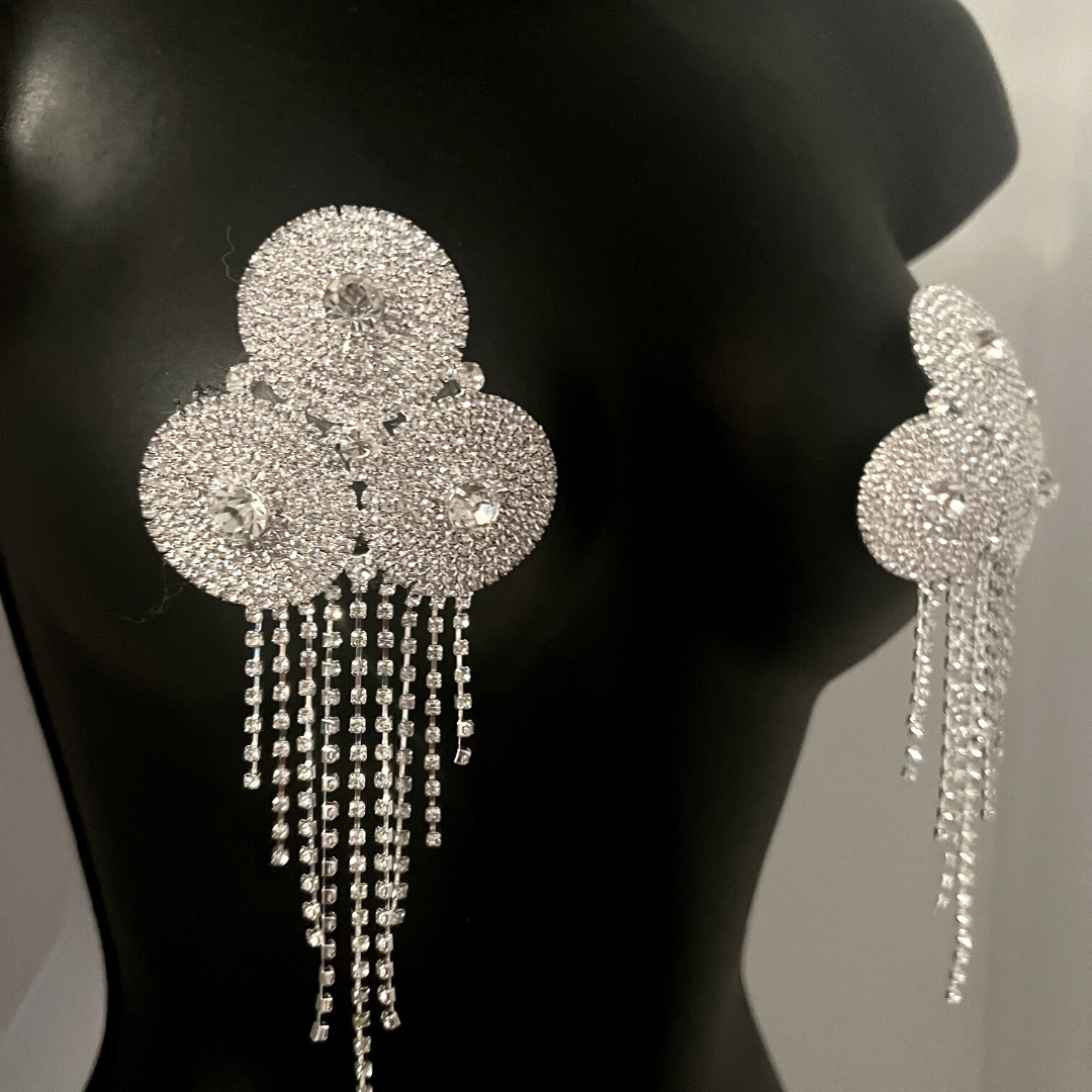 CHAMPAGNE DREAMS Rhinestone Nipple Pasties with Rhinestone Tassels 2pcs, Covers for Festivals, Carnival Raves Burlesque Lingerie