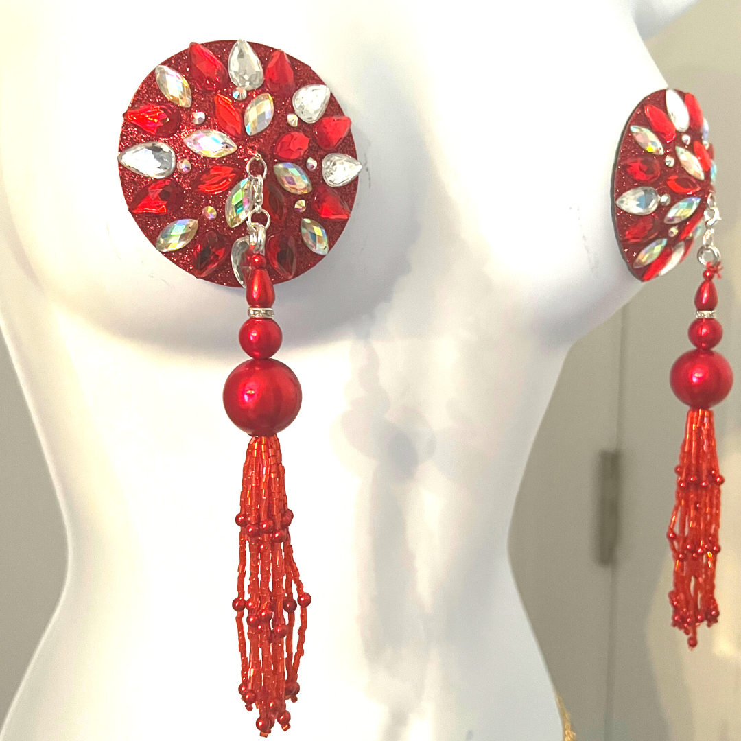 CHERRY BOMB Red Glitter &amp; Gem Nipple Pasties, Couvertures avec glands perlés à la main (2pcs) pour les raves et les festivals de lingerie burlesque